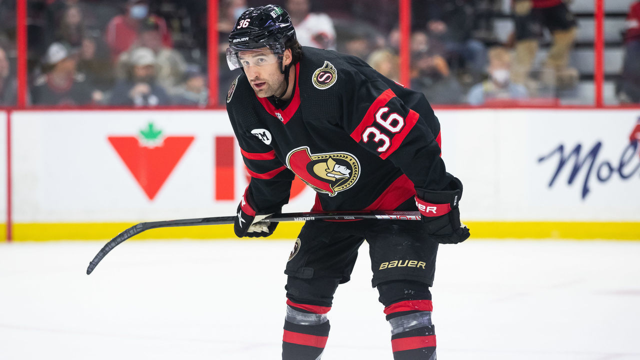 OTTAWA, ON - APRIL 10: Ottawa Senators Center Colin White (36) before a face-off during third period National Hockey League action between the Winnipeg Jets and Ottawa Senators on April 10, 2022, at Canadian Tire Centre in Ottawa, ON, Canada.