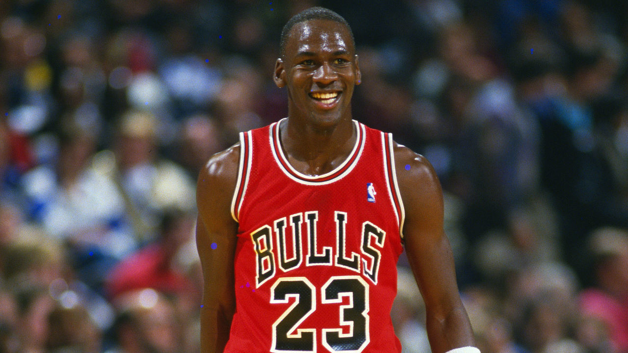 LANDOVER, MD - CIRCA 1986: Michael Jordan #23 of the Chicago Bulls looks on smiling against the Washington Bullets during an NBA basketball game circa 1986 at the Capital Centre in Landover, Maryland. Jordan played for the Bulls from 1984-93 and 1995 - 98.