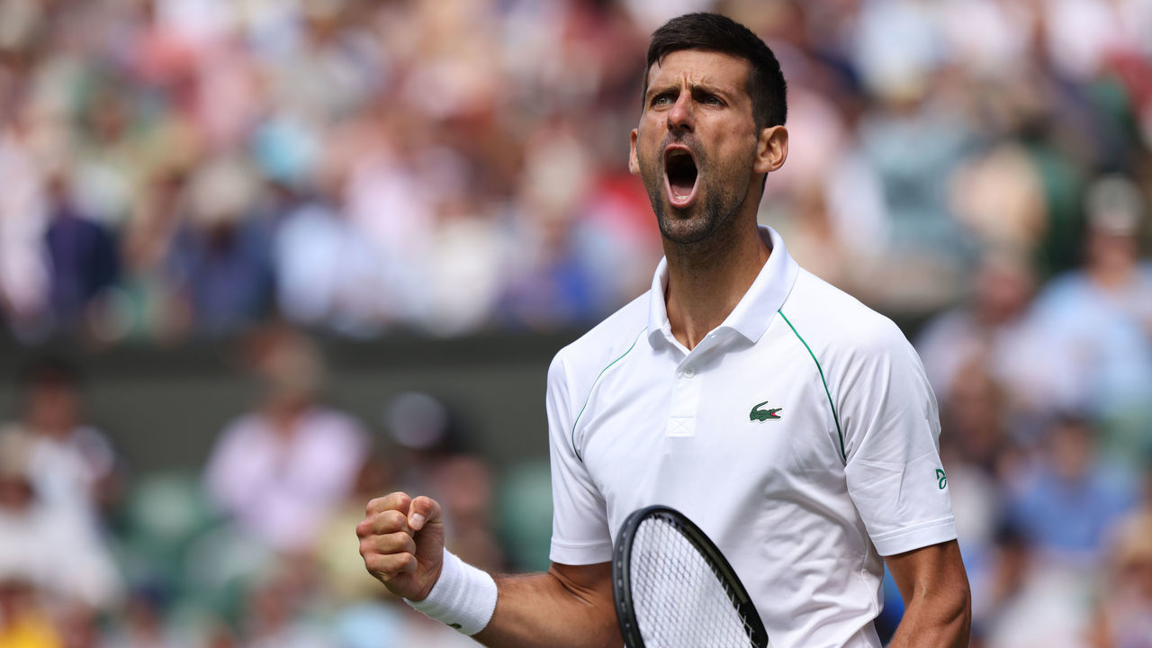 LONDON, ENGLAND - JULY 05:Novak Djokovic of Serbia celebrates during his Gentlemens Quarter-Final match against Jannik Sinner of Italy during day nine of The Championships Wimbledon 2022 at All England Lawn Tennis and Croquet Club on July 5, 2022 in London, England.