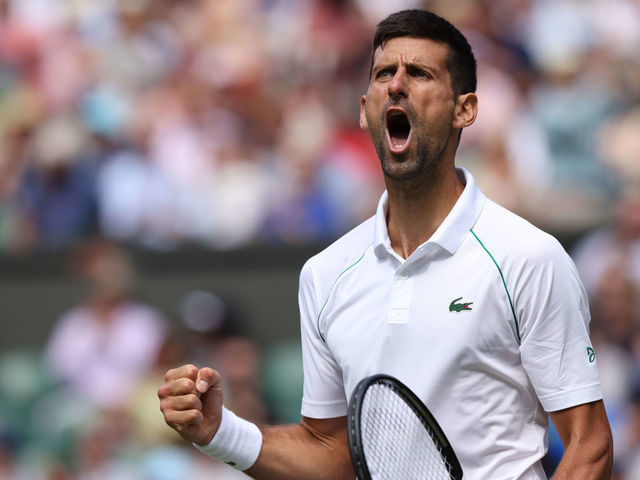 LONDON, ENGLAND - JULY 05:Novak Djokovic of Serbia celebrates during his Gentlemens Quarter-Final match against Jannik Sinner of Italy during day nine of The Championships Wimbledon 2022 at All England Lawn Tennis and Croquet Club on July 5, 2022 in London, England.