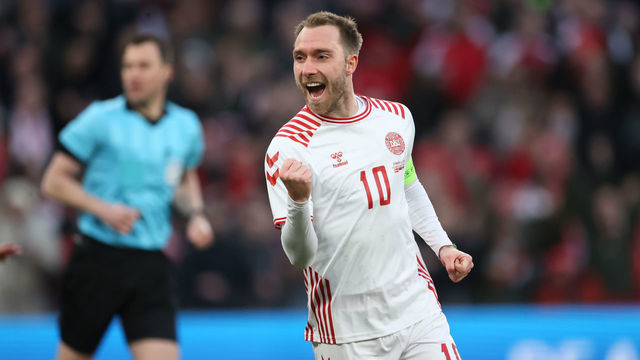 COPENHAGEN, DENMARK - MARCH 29: Christian Eriksen of Denmark celebrates their side's second goal scored by Jesper Lindstrom of Denmark during the international friendly match between Denmark and Serbia at Parken Stadium on March 29, 2022 in Copenhagen, Denmark.