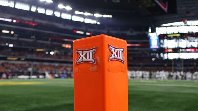 ARLINGTON, TX - DECEMBER 4: The Big 12 logo is seen on a pylon before the game between the Oklahoma State Cowboys and the Baylor Bears in the Big 12 Football Championship at AT&T Stadium on December 4, 2021 in Arlington, Texas. Baylor won 21-16.