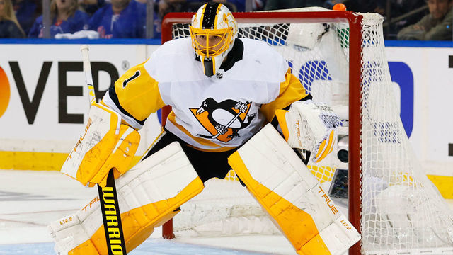 NEW YORK, NY - MAY 03: Pittsburgh Penguins goaltender Casey DeSmith (1) during game 1 of the first round of the Stanley Cup Playoffs between the New York Rangers and the Pittsburgh Penguins on May 3, 2022 at Madison Square Garden in New York, New York.