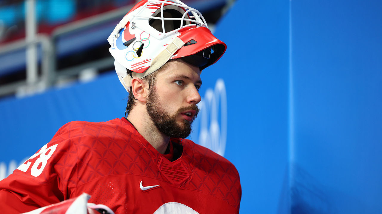 BEIJING, CHINA - FEBRUARY 16: Ivan Fedotov #28 of Team ROC walks to the locker room after the first period during the Men’s Ice Hockey Quarterfinal match between Team ROC and Team Denmark on Day 12 of the Beijing 2022 Winter Olympic Games at Wukesong Sports Centre on February 16, 2022 in Beijing, China.