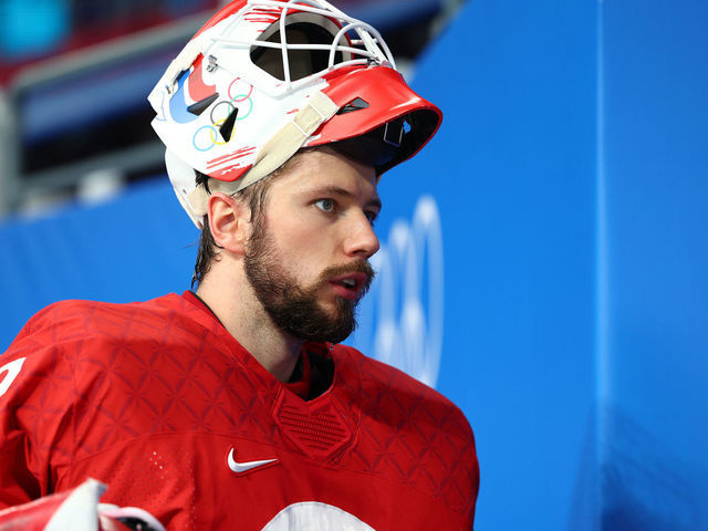 BEIJING, CHINA - FEBRUARY 16: Ivan Fedotov #28 of Team ROC walks to the locker room after the first period during the Men’s Ice Hockey Quarterfinal match between Team ROC and Team Denmark on Day 12 of the Beijing 2022 Winter Olympic Games at Wukesong Sports Centre on February 16, 2022 in Beijing, China.