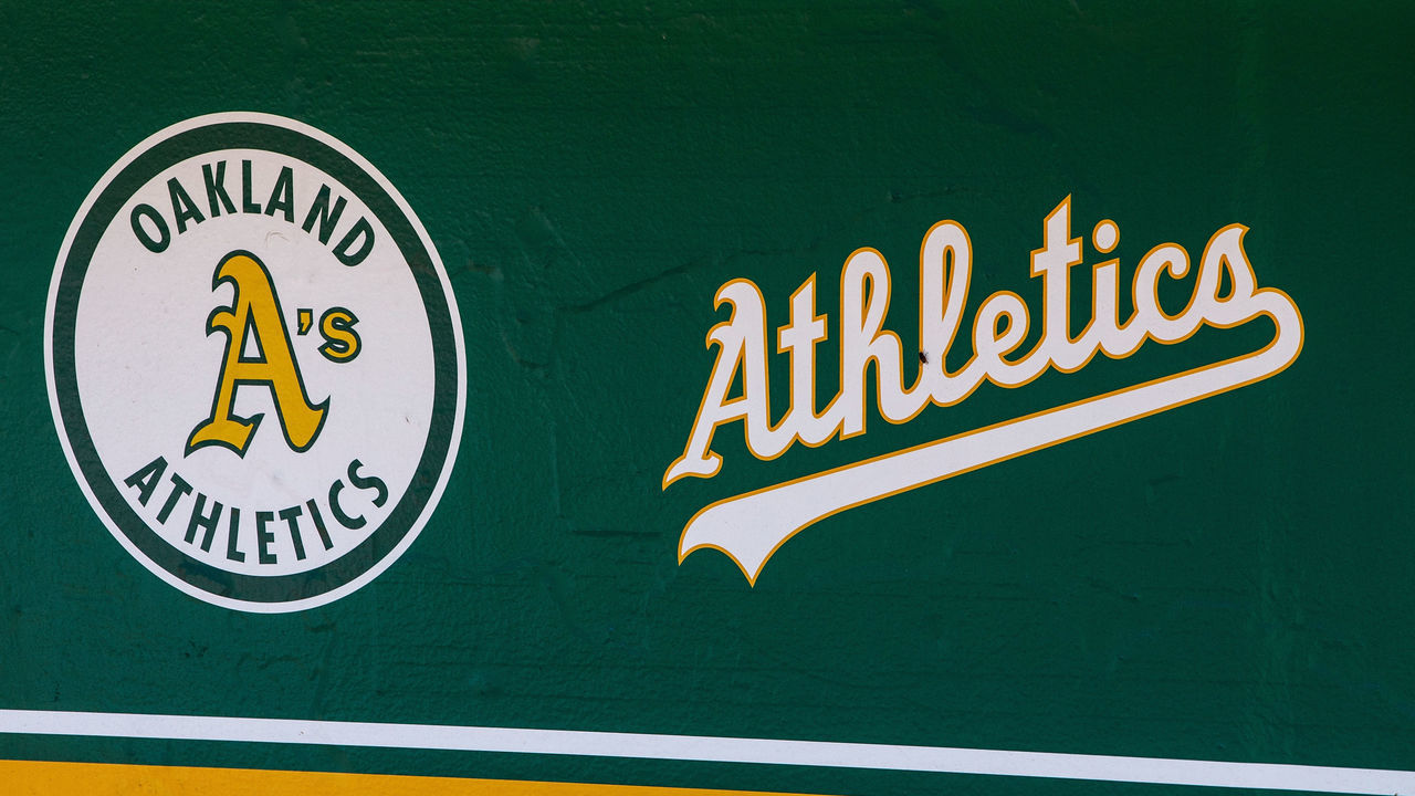 OAKLAND, CA - JULY 22: General view of the Oakland Athletics logos in the dugout before the game against the San Francisco Giants at the Oakland Coliseum on July 22, 2018 in Oakland, California. The Oakland Athletics defeated the San Francisco Giants 6-5 in 10 innings.