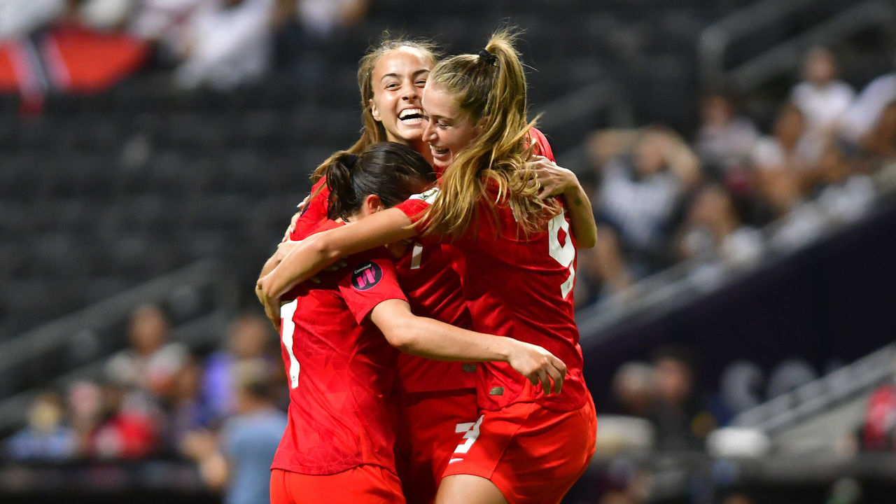 MONTERREY, MEXICO - JULY 05: Julia Grosso of Canada celebrates with teammates after scoring his team's second goal during the match between Canada and Trinidad & Tobago as part of the 2022 Concacaf W Championship at BBVA Stadium on July 5, 2022 in Monterrey, Mexico.