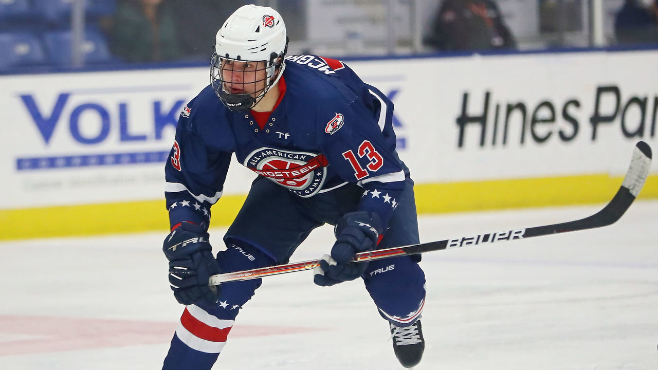 PLYMOUTH, MICHIGAN - JANUARY 17: Rutger McGroarty #13 of Team Blue skates up the ice in the third period of the USA Hockey All-American Game at USA Hockey Arena on January 17, 2022 in Plymouth, Michigan.