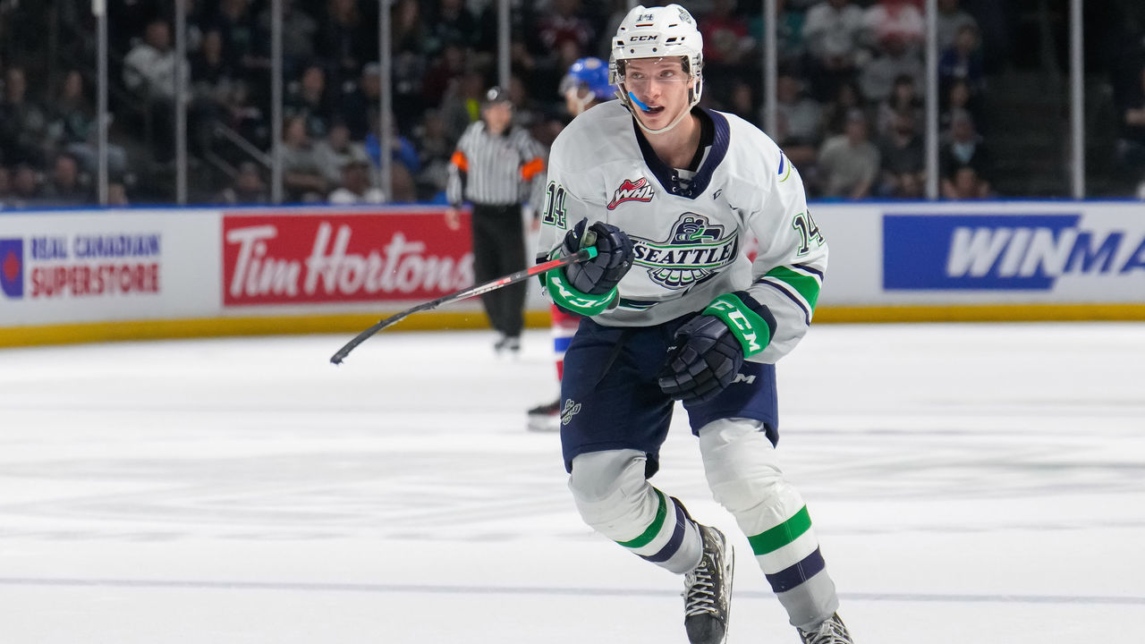KENT, WASHINGTON - JUNE 07: Kevin Korchinski #14 of the Seattle Thunderbirds skates back for the puck against the Edmonton Oil Kings during the third period of Game 3 of the Western Hockey League Championship at accesso ShoWare Center on June 07, 2022 in Kent, Washington.