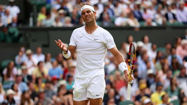 LONDON, ENGLAND - JULY 06: Rafael Nadal of Spain reacts against Taylor Fritz of The United States during their Men's Singles Quarter Final match on day ten of The Championships Wimbledon 2022 at All England Lawn Tennis and Croquet Club on July 06, 2022 in London, England.