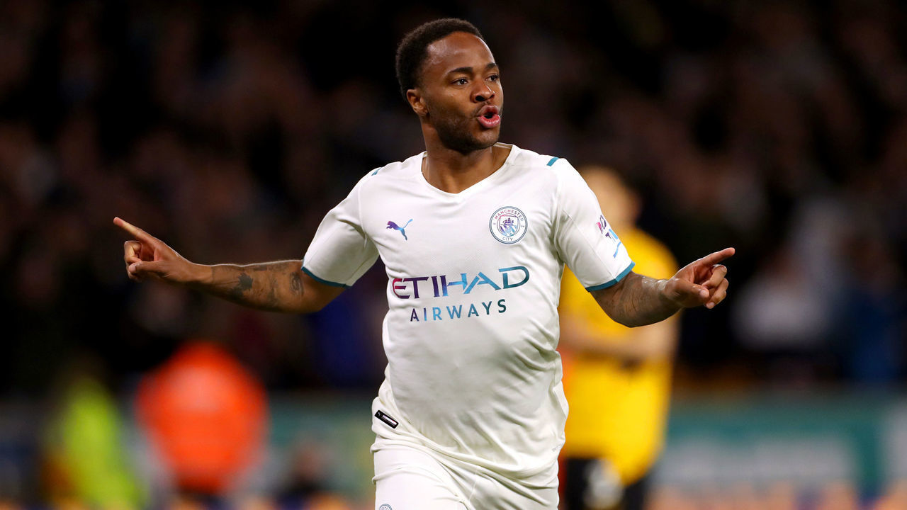 Manchester City's Raheem Sterling celebrates scoring a goal shortly before it is disallowed for offside during the Premier League match at the Molineux Stadium, Wolverhampton. Picture date: Wednesday May 11, 2022.