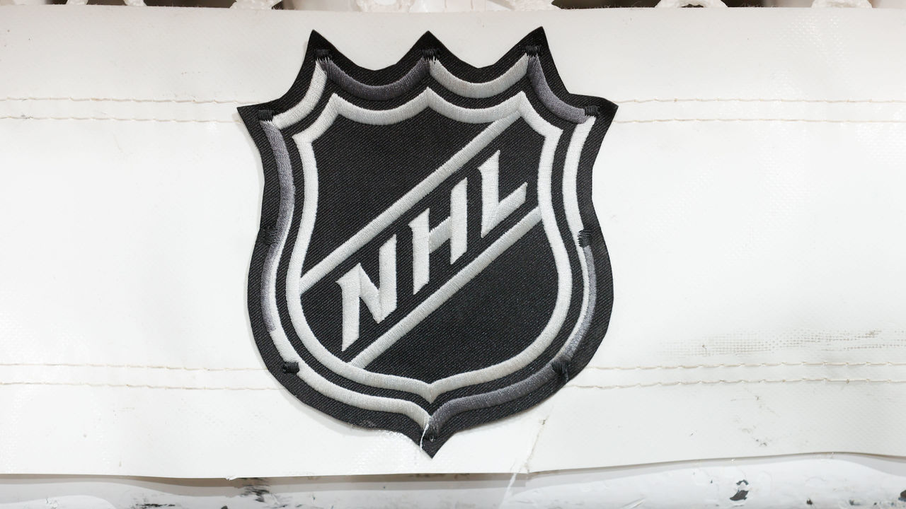 NEWARK, NJ - APRIL 24: A general view of the NHL logo on the back of the goal on April 24, 2022 at the Prudential Center in Newark, New Jersey.