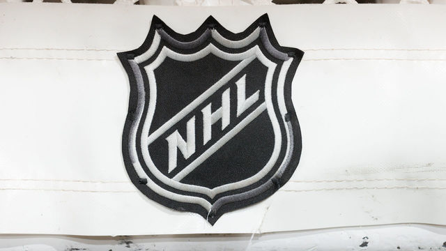NEWARK, NJ - APRIL 24: A general view of the NHL logo on the back of the goal on April 24, 2022 at the Prudential Center in Newark, New Jersey.