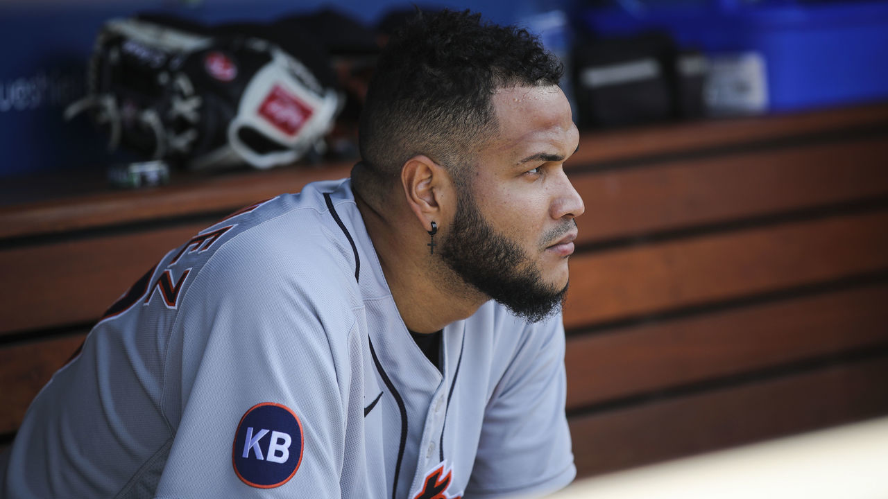 LOS ANGELES, CALIFORNIA - MAY 01: Eduardo Rodriguez #57 of the Detroit Tigers looks on from the dugout during the game against the Los Angeles Dodgers at Dodger Stadium on May 01, 2022 in Los Angeles, California.