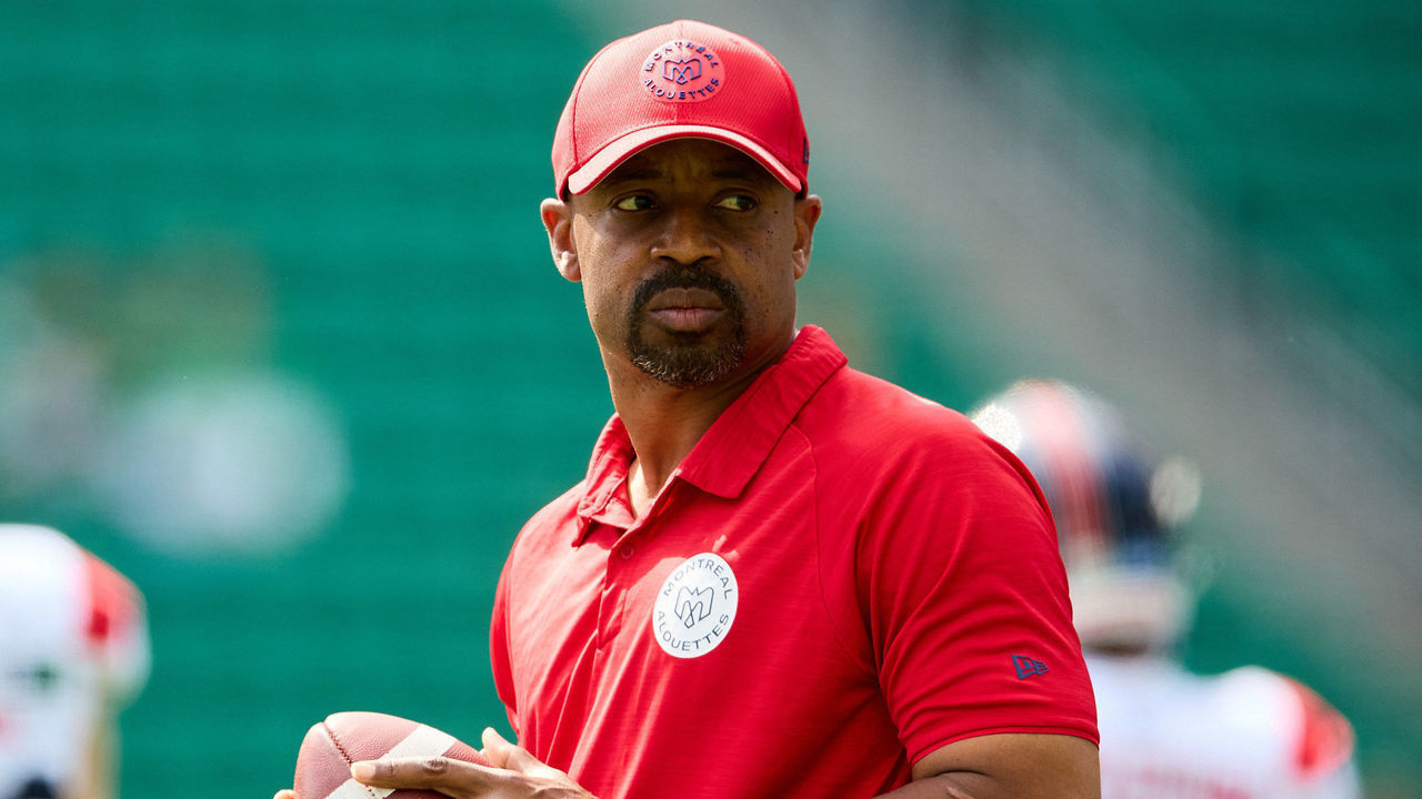 REGINA, SK - JULY 02: Head coach Khari Jones of the Montreal Alouettes on the field before the game between the Montreal Alouettes and the Saskatchewan Roughriders at Mosaic Stadium on July 2, 2022 in Regina, Canada.