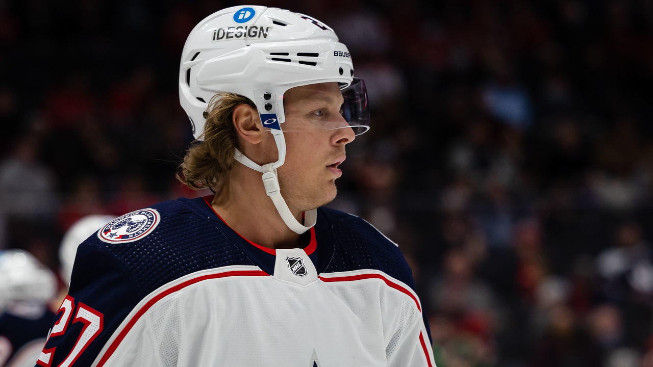 WASHINGTON, DC - FEBRUARY 08: Adam Boqvist #27 of the Columbus Blue Jackets looks on against the Washington Capitals during the second period of the game at Capital One Arena on February 8, 2022 in Washington, DC.