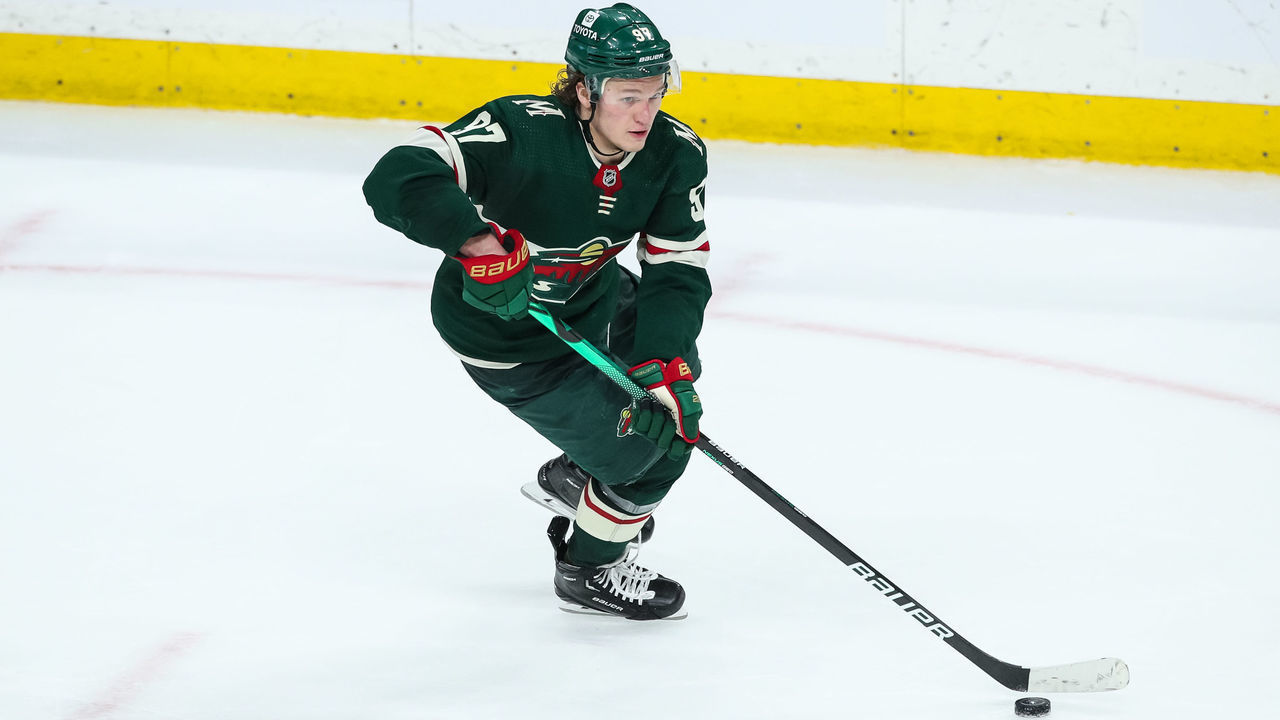 ST PAUL, MN - MAY 10: Kirill Kaprizov #97 of the Minnesota Wild skates with the puck against the St. Louis Blues in the third period in Game Five of the First Round of the 2022 Stanley Cup Playoffs at Xcel Energy Center on May 10, 2022 in St Paul, Minnesota. The Blues defeated the Wild 5-2 to take a 3-2 series lead.
