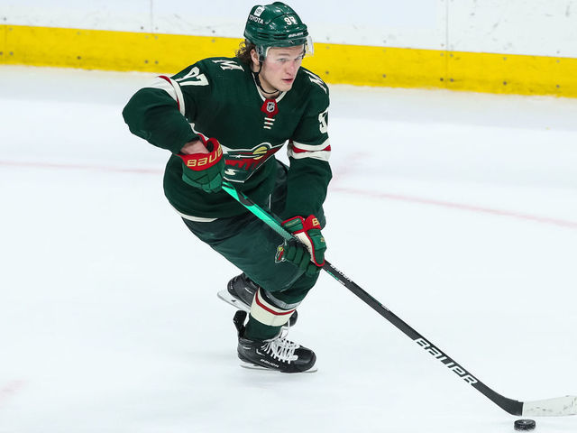 ST PAUL, MN - MAY 10: Kirill Kaprizov #97 of the Minnesota Wild skates with the puck against the St. Louis Blues in the third period in Game Five of the First Round of the 2022 Stanley Cup Playoffs at Xcel Energy Center on May 10, 2022 in St Paul, Minnesota. The Blues defeated the Wild 5-2 to take a 3-2 series lead.