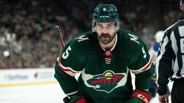 SAINT PAUL, MN - MAY 02: Minnesota Wild Defenceman Jacob Middleton (5) looks on during game 1 of the NHL playoffs between the St. Louis Blues and the Minnesota Wild on May 2nd, 2022, at Xcel Energy Center in Saint Paul, MN.