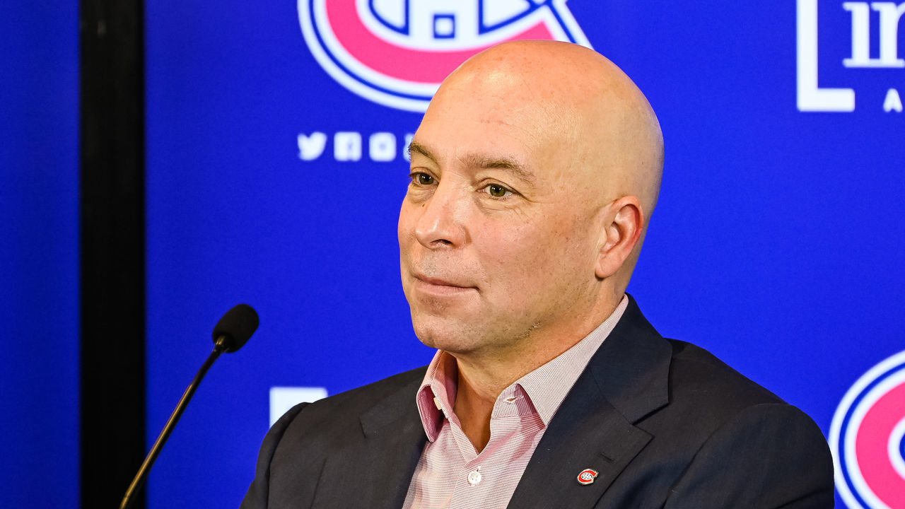 MONTREAL, QC - FEBRUARY 10: Montreal Canadiens general manager Kent Hughes addresses the media on February 10, 2022, at Bell Sports Complex in Brossard, QC