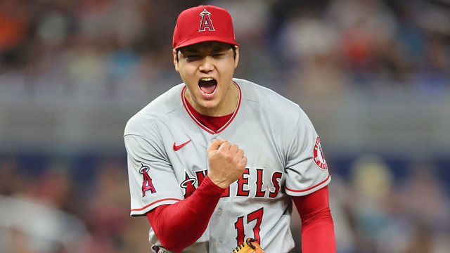 MIAMI, FLORIDA - JULY 06: Shohei Ohtani #17 of the Los Angeles Angels celebrates a strikeout during the seventh inning against the Miami Marlins at loanDepot park on July 06, 2022 in Miami, Florida.