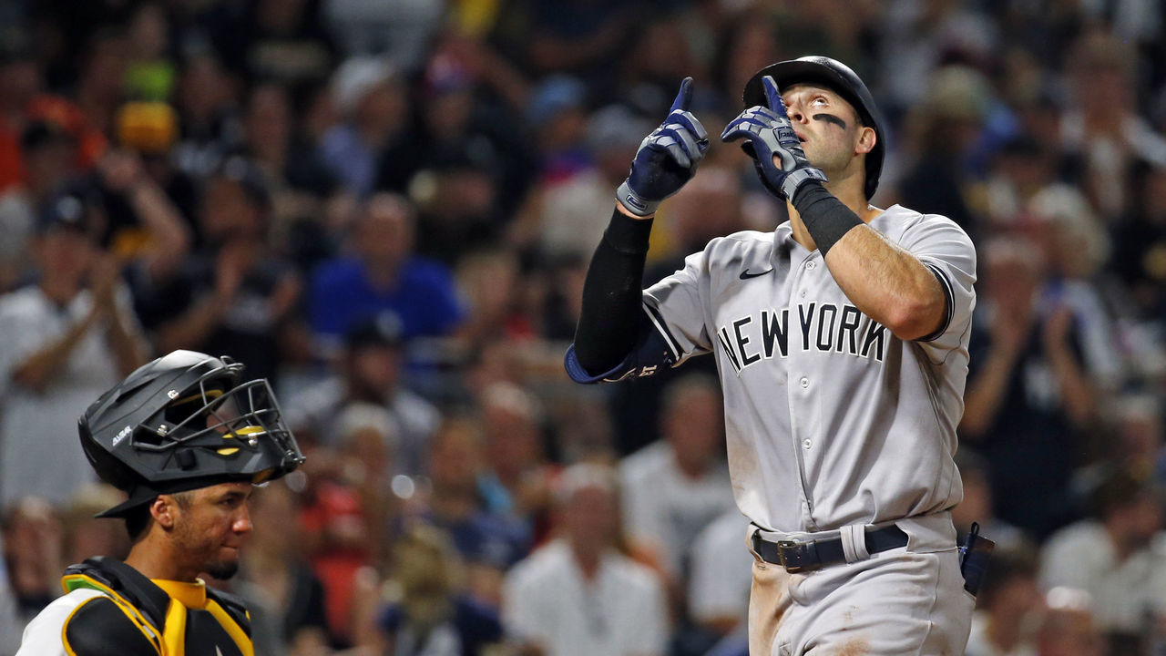 PITTSBURGH, PA - JULY 06: Joey Gallo #13 of the New York Yankees reacts after hitting a home run in the sixth inning against the Pittsburgh Pirates at PNC Park on July 6, 2022 in Pittsburgh, Pennsylvania.