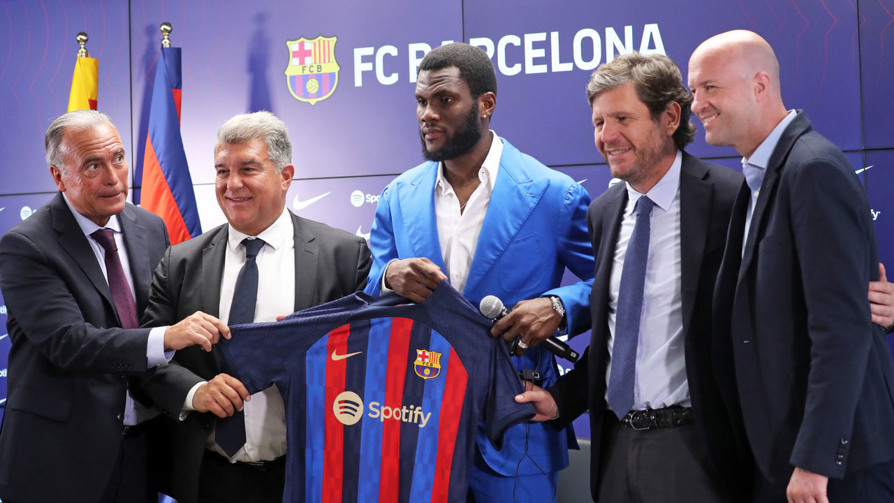 Joan Laporta, Rafael Yuste, Frank Kessie, Mateu Alemany and Jordi Cruyff during the presentation of Frank Kessie as a new player of FC Barcelona, in Barcelona, on 06th July 2022. --
