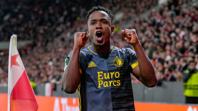 PRAGUE, NETHERLANDS - APRIL 14: Luis Sinisterra of Feyenoord is celebrating his goal during the Quarter Finals UEFA Europa League match between Slavia Prague and Feyenoord at Eden Arena on April 14, 2022 in Prague, Netherlands