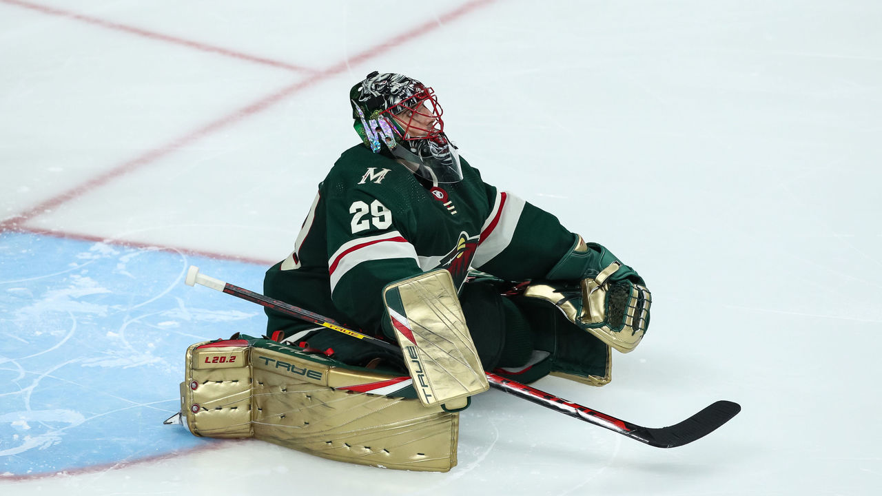 ST PAUL, MN - MAY 10: Marc-Andre Fleury #29 of the Minnesota Wild looks on against the St. Louis Blues in the third period in Game Five of the First Round of the 2022 Stanley Cup Playoffs at Xcel Energy Center on May 10, 2022 in St Paul, Minnesota. The Blues defeated the Wild 5-2 to take a 3-2 series lead.
