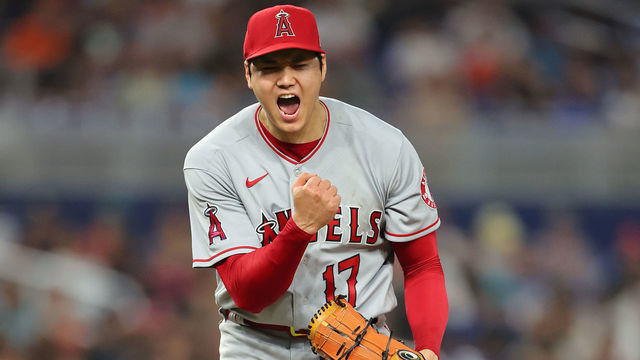 MIAMI, FLORIDA - JULY 06: Shohei Ohtani #17 of the Los Angeles Angels celebrates a strikeout during the seventh inning against the Miami Marlins at loanDepot park on July 06, 2022 in Miami, Florida.