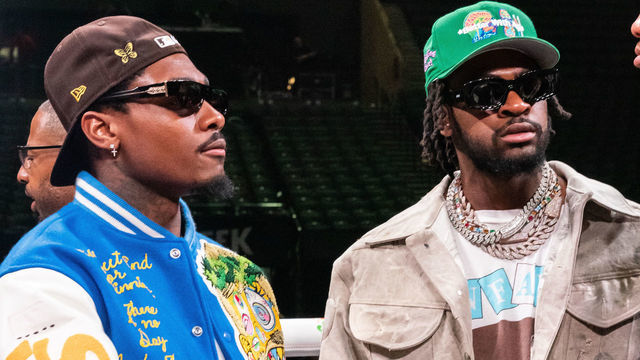 NEW YORK, NY - MAY 28: (L-R) NFL Players Stefon Diggs, Trevon Diggs and Chase Young talk after the WBA World Lightweight Championship title bout between Gervonta Davis and Rolando Romero at the Barclays Center in Brooklyn on May 28, 2022 in New York City.