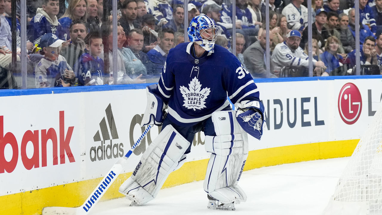 TORONTO, ON - MAY 10: Jack Campbell #36 of the Toronto Maple Leafs plays the puck against the Tampa Bay Lightning during the third period in Game Five of the First Round of the 2022 Stanley Cup Playoffs at the Scotiabank Arena on May 10, 2022 in Toronto, Ontario, Canada.