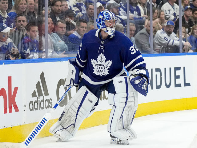 TORONTO, ON - MAY 10: Jack Campbell #36 of the Toronto Maple Leafs plays the puck against the Tampa Bay Lightning during the third period in Game Five of the First Round of the 2022 Stanley Cup Playoffs at the Scotiabank Arena on May 10, 2022 in Toronto, Ontario, Canada.