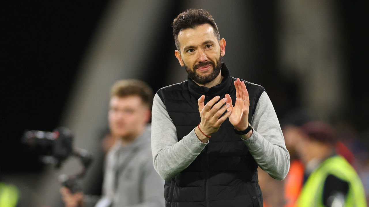 HUDDERSFIELD, ENGLAND - MAY 16: Carlos Corberan the head coach / manager of Huddersfield Town applauds at full time during the Sky Bet Championship Play-Off Semi Final 2nd Leg match between Huddersfield Town and Luton Town at John Smith's Stadium on May 16, 2022 in Huddersfield, England.