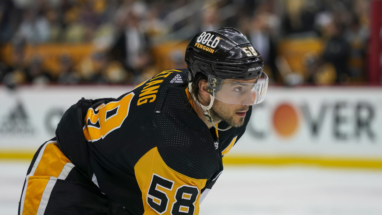 PITTSBURGH, PA - MAY 13: Pittsburgh Penguins defenseman Kris Letang (58) waits for play to begin during the third period in Game Six of the First Round in the 2022 NHL Stanley Cup Playoffs between the New York Rangers and the Pittsburgh Penguins on May 13, 2022, at PPG Paints Arena in Pittsburgh, PA. The New York Rangers avoid elimination with 5-3 win.