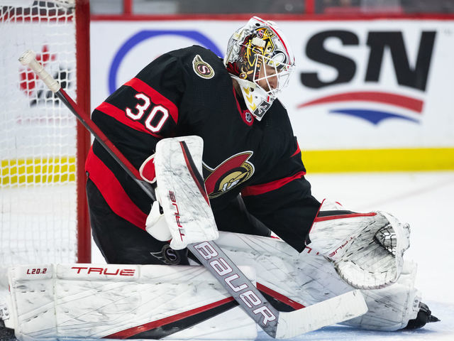 OTTAWA, ON - FEBRUARY 12: Ottawa Senators Goalie Matt Murray (30) looks to make a save during third period National Hockey League action between the Boston Bruins and Ottawa Senators on February 12, 2022, at Canadian Tire Centre in Ottawa, ON, Canada.