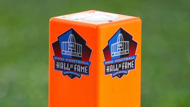 CANTON, OH - AUGUST 02: A general view of an end zone pylon with the Hall of Fame logo on it during the National Football League Hall of Fame Game between the Chicago Bears and the Baltimore Ravens on August 2, 2018 at Tom Benson Hall of Fame Stadium in Canton, Ohi0.