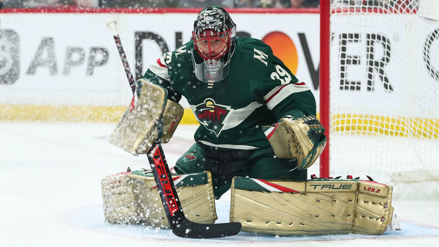 ST PAUL, MN - MAY 10: Marc-Andre Fleury #29 of the Minnesota Wild defends his net against the St. Louis Blues in the first period in Game Five of the First Round of the 2022 Stanley Cup Playoffs at Xcel Energy Center on May 10, 2022 in St Paul, Minnesota. The Blues defeated the Wild 5-2 to take a 3-2 series lead.