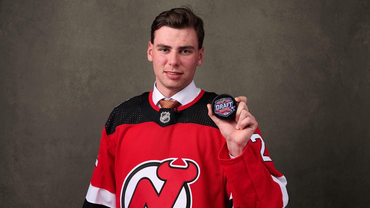 MONTREAL, QUEBEC - JULY 07: Simon Nemec, #2 pick by the New Jersey Devils, poses for a portrait during the 2022 Upper Deck NHL Draft at Bell Centre on July 07, 2022 in Montreal, Quebec, Canada.