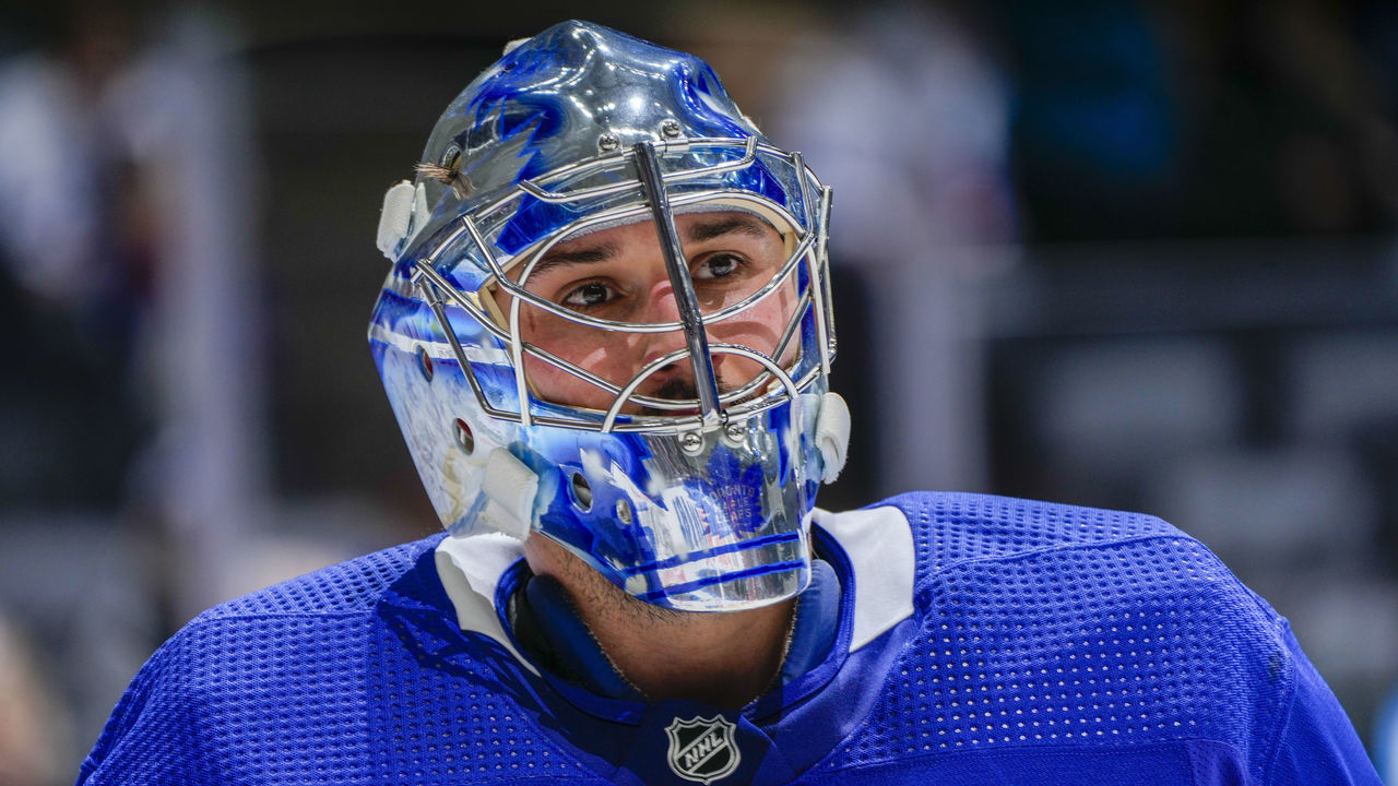TORONTO, ON - MARCH 27: Petr Mrazek #35 of the Toronto Maple Leafs looks on against the Florida Panthers during the second period at the Scotiabank Arena on March 27, 2022 in Toronto, Ontario, Canada.