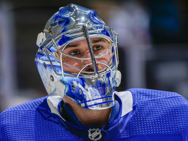 TORONTO, ON - MARCH 27: Petr Mrazek #35 of the Toronto Maple Leafs looks on against the Florida Panthers during the second period at the Scotiabank Arena on March 27, 2022 in Toronto, Ontario, Canada.
