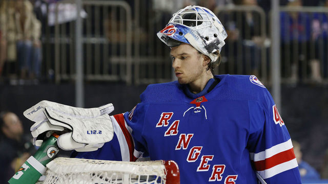 NEW YORK, NEW YORK - APRIL 29: Alexandar Georgiev #40 of the New York Rangers grabs his water bottle during the first period against the Washington Capitals at Madison Square Garden on April 29, 2022 in New York City.