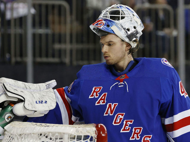 NEW YORK, NEW YORK - APRIL 29: Alexandar Georgiev #40 of the New York Rangers grabs his water bottle during the first period against the Washington Capitals at Madison Square Garden on April 29, 2022 in New York City.