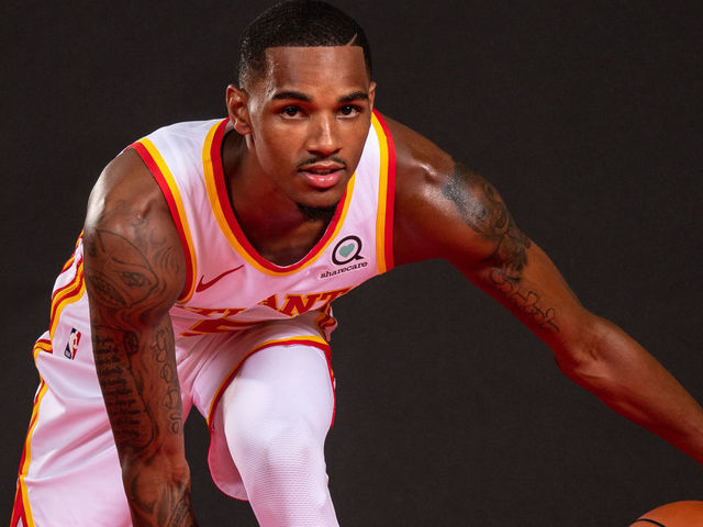 ATLANTA, GA - JULY 1: Dejounte Murray poses for a portrait after the introductory draft press conference on July 1, 2022 at State Farm Arena in Atlanta, Georgia. NOTE TO USER: User expressly acknowledges and agrees that, by downloading and/or using this Photograph, user is consenting to the terms and conditions of the Getty Images License Agreement. Mandatory Copyright Notice: Copyright 2022 NBAE