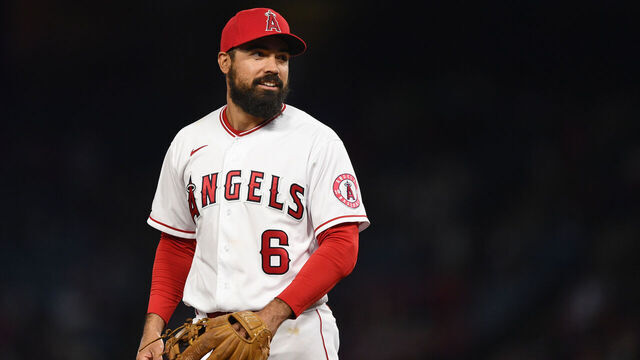 ANAHEIM, CA - APRIL 27: Los Angeles Angels third baseman Anthony Rendon (6) looks on during the MLB game between the Cleveland Guardians and the Los Angeles Angels of Anaheim on April 27, 2022 at Angel Stadium of Anaheim in Anaheim, CA.