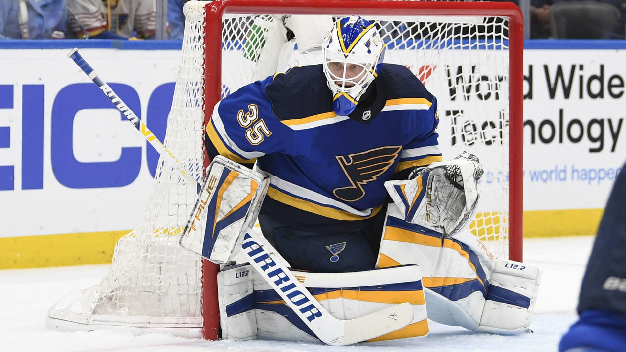ST. LOUIS, MO - May 27: Ville Husso #35 of the St. Louis Bluesdefends the net against the Colorado Avalanche in Game Six of the Second Round of the 2022 Stanley Cup Playoffs at the Enterprise Center on May 23, 2022 in St. Louis, Missouri.