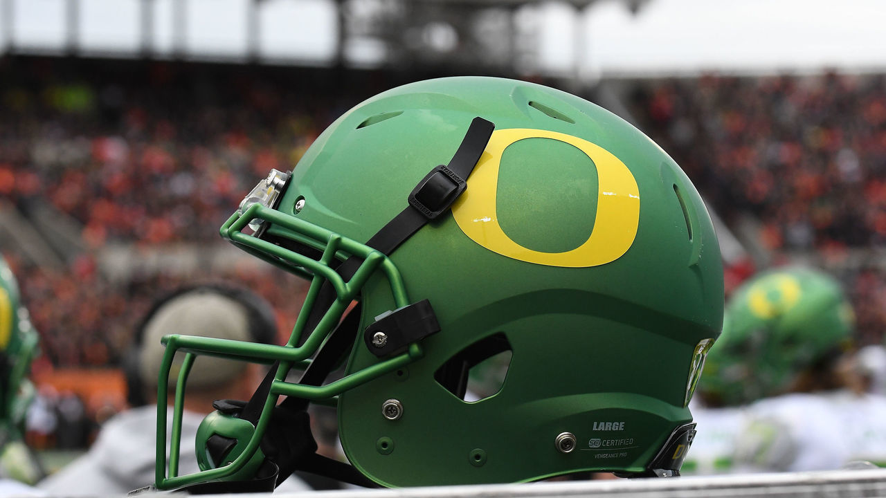 CORVALLIS, OR - NOVEMBER 26: An Oregon helmet sits on an equipment box during the 120th Civil War NCAA football game between the Oregon Ducks and the Oregon State Beavers on November 26, 2016, at Reser Stadium in Corvallis, OR.