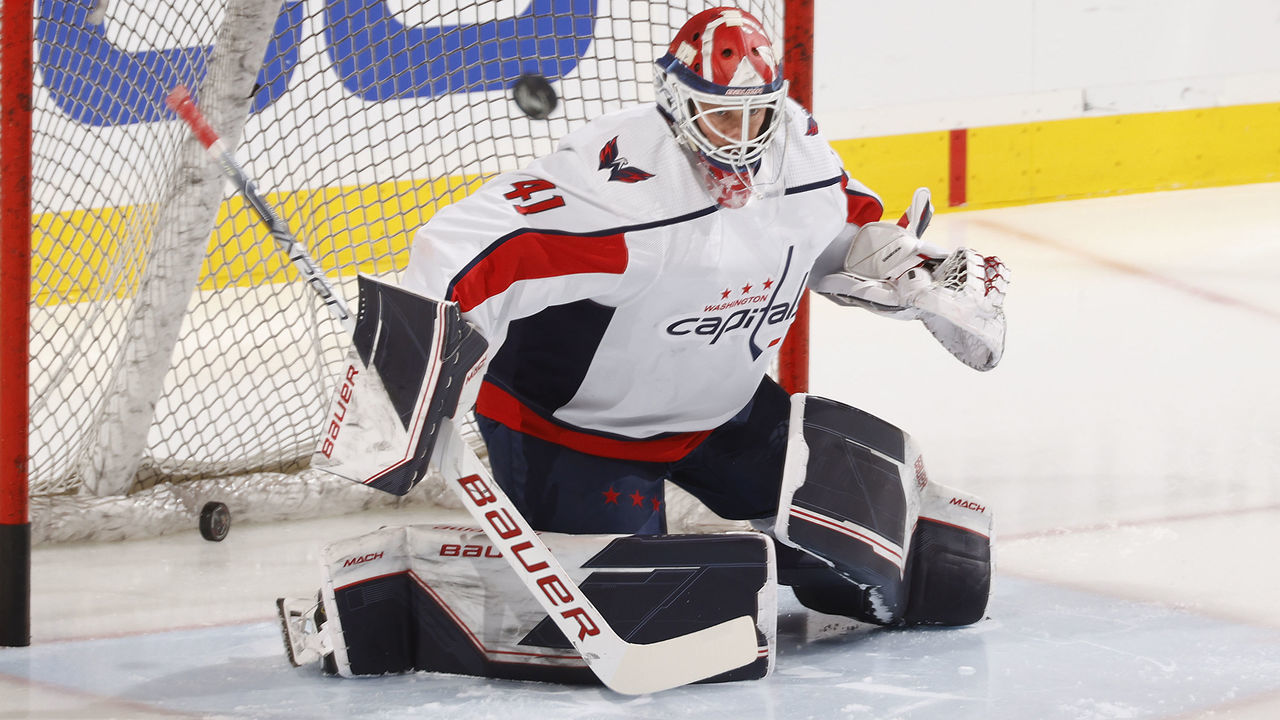 SUNRISE, FL - MAY 5: Goaltender Vitek Vanecek #41 of the Washington Capitals warms up against the Florida Panthers prior to Game Two of the First Round of the 2022 NHL Stanley Cup Playoffs at the FLA Live Arena on May 5, 2022 in Sunrise, Florida.