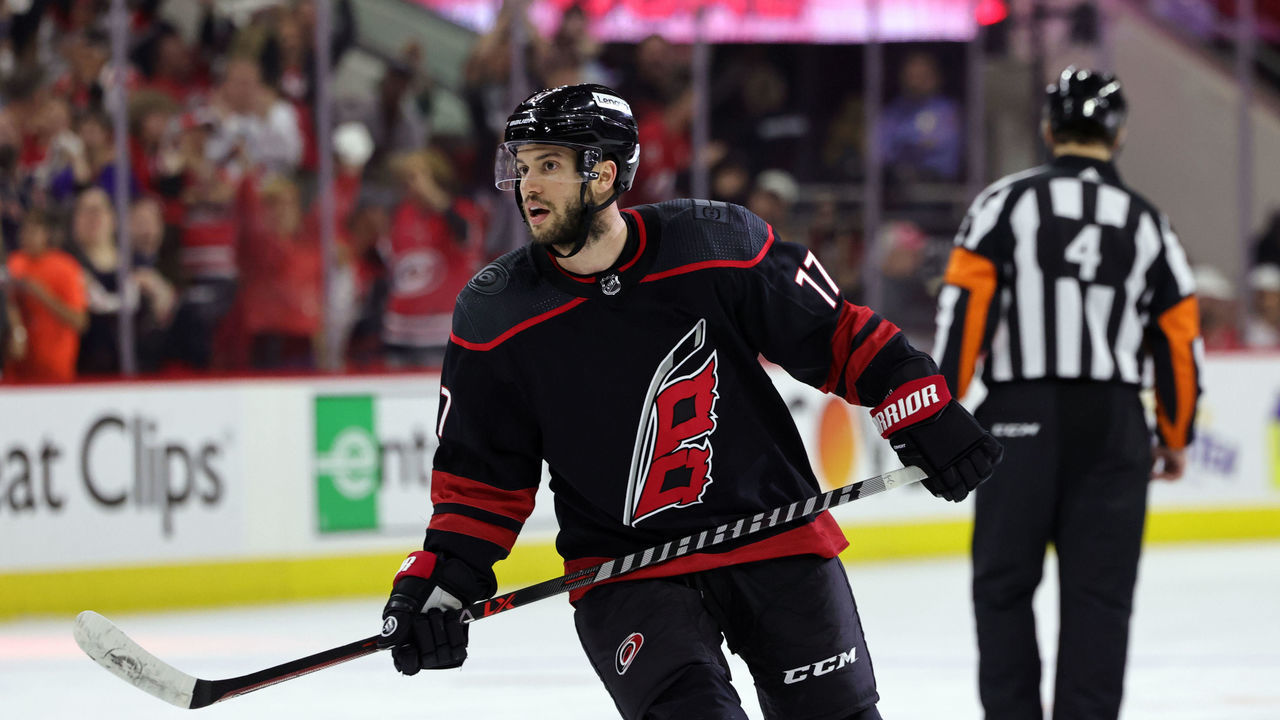 RALEIGH, NC - MAY 30: Tony DeAngelo #77 of the Carolina Hurricanes scores a goal in Game Seven of the Second Round of the 2022 Stanley Cup Playoffs against the New York Rangers on May 30, 2022 at PNC Arena in Raleigh, North Carolina