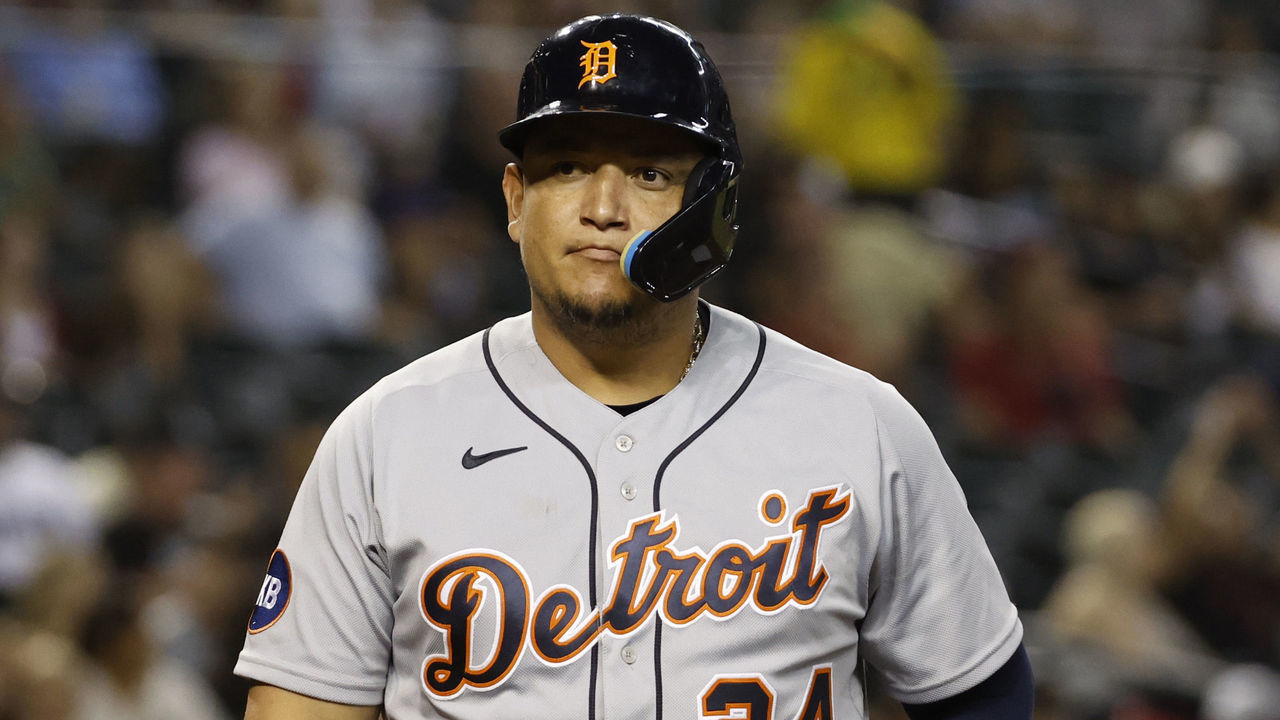 PHOENIX, ARIZONA - JUNE 25: Miguel Cabrera #24 of the Detroit Tigers reacts after striking out during the fourth inning against the Arizona Diamondbacks at Chase Field on June 25, 2022 in Phoenix, Arizona. The Tigers beat the Diamondbacks 6-3.